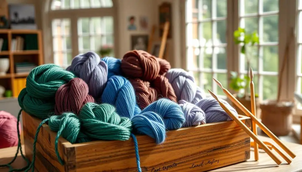 A luxurious display of vibrant yarn skeins in a variety of textures, arranged in a beautifully crafted wooden box. The yarns include rich colors like deep emerald green, royal blue, and soft lavender, with a sheen that catches the light. Surrounding the box are elegant knitting needles and delicate crochet hooks made of polished bamboo. The background features a cozy studio with natural light filtering through large windows, highlighting the warmth and inviting atmosphere for crafters.