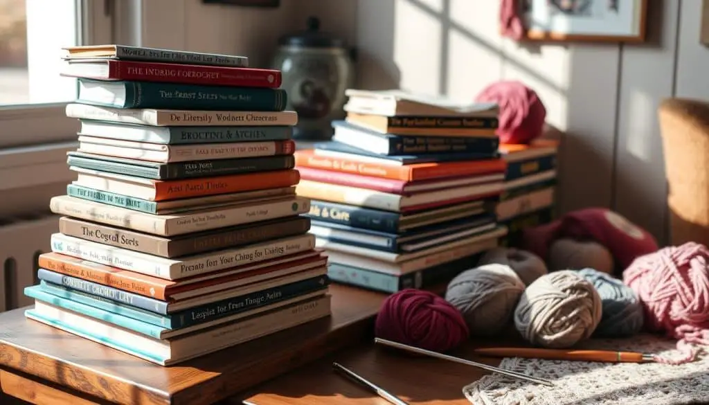 A cozy scene featuring an assortment of colorful crochet books stacked on a wooden table, with skeins of yarn and crochet hooks scattered nearby. Soft, natural light filters in through a window, casting gentle shadows that accentuate the textures of the books and yarns. The atmosphere is inviting and creative, perfect for a crochet enthusiast.