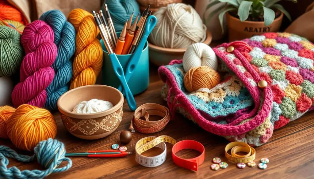 A cozy workspace featuring an array of colorful crochet accessories, including vibrant yarn skeins, ergonomic crochet hooks, a stylish yarn bowl, a handmade project bag overflowing with various patterns, measuring tape, and a set of beautifully designed stitch markers, all set against a warm, inviting background with soft lighting.